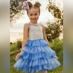 Matilda Jane Make A Wish Dress Blue Tutu Tiered Tulle Floral Size 2
